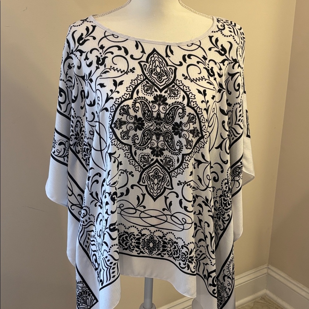 Susan Graver Cold Shoulder Black and White Printed Poncho Tunic